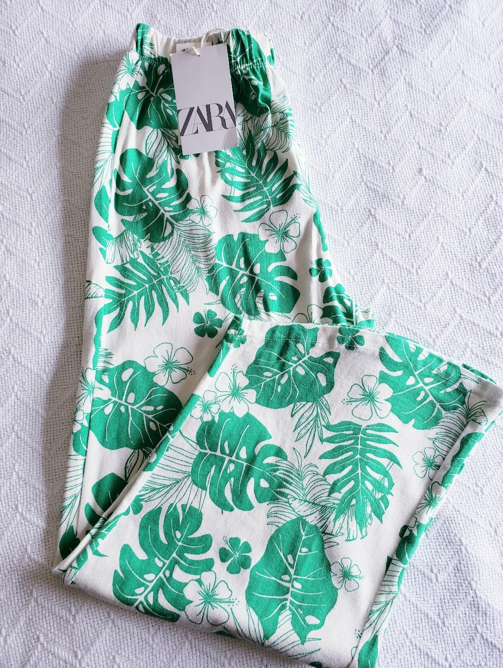 Zara Girls 13/14 Green Cotton Jersey Palm Leaf Tropical Cropped Summer Pants